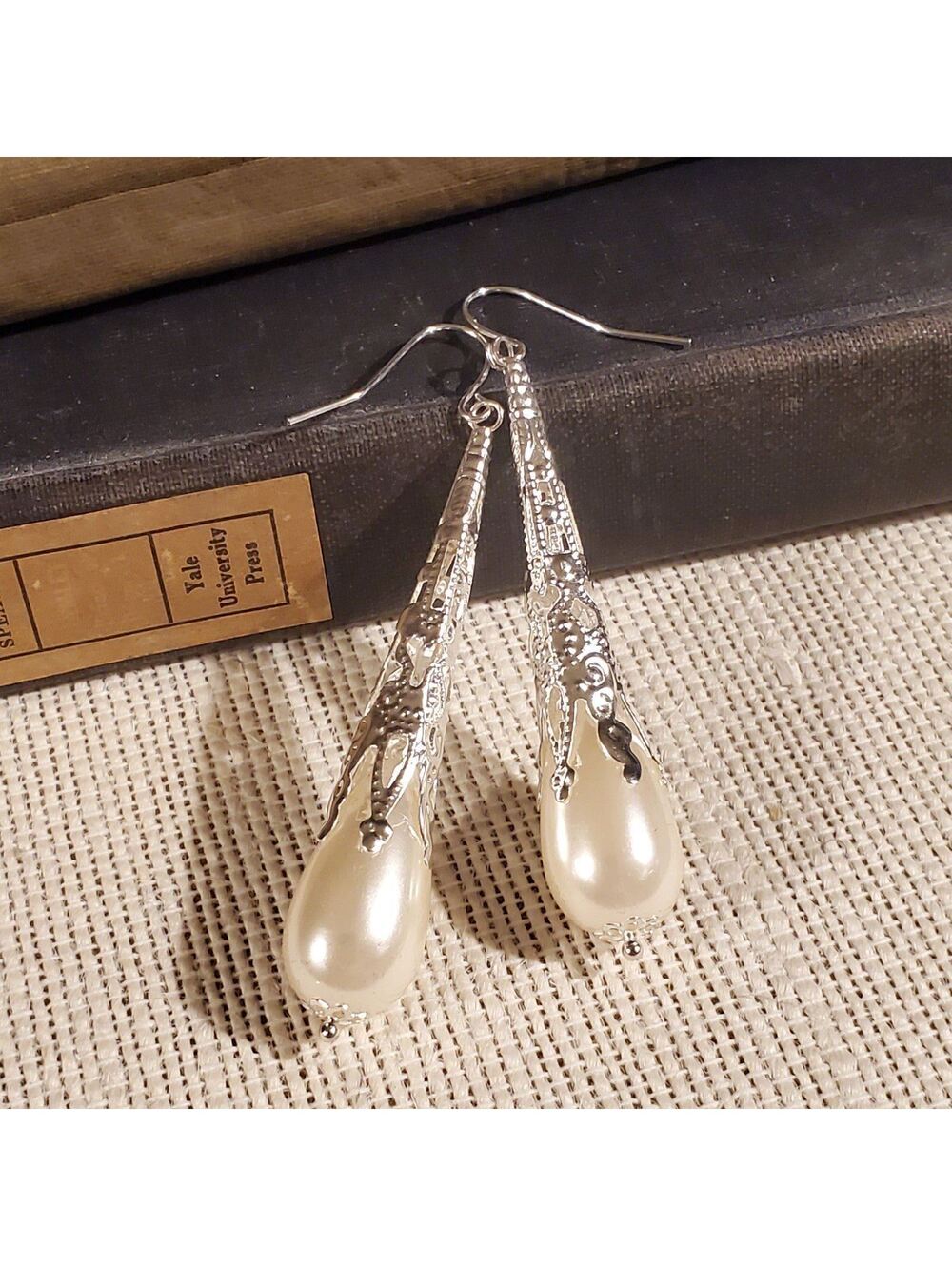 Lacy Silver Victorian Style Filigree Faux Pearl Earrings